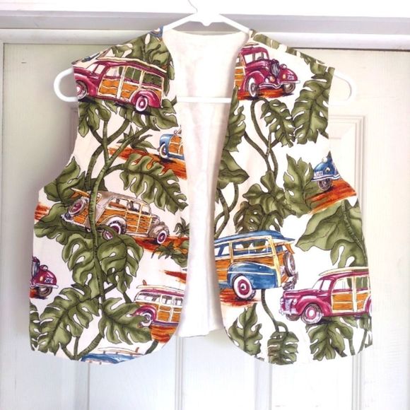 Vintage Tropical Car All Over Print open front vest size S - Picture 1 of 7